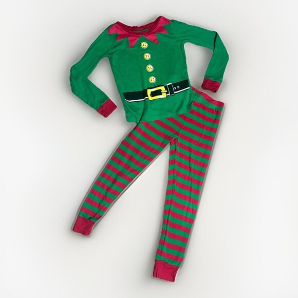 PJ Place Pajamas Unisex Size 6 Boys Girls Elf Theme Green Red Striped Holiday - Picture 1 of 6